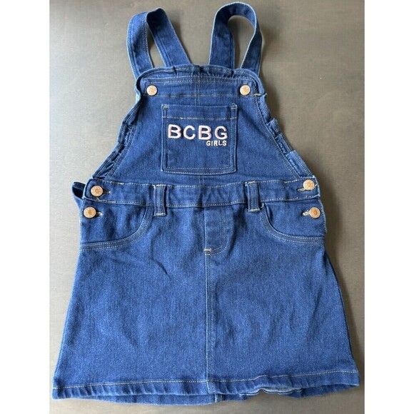 BCBG Overall dress - Girls Sz 6X Denim with pink embroidery bronze button - Picture 2 of 7
